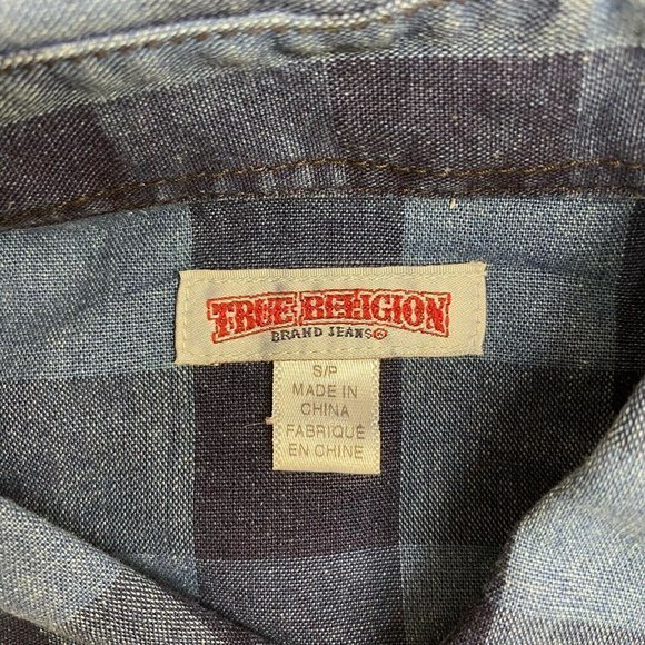 True Religion Men's Size S Blue Plaid Check Double Pocket Embroidered Logo Shirt - Picture 3 of 7